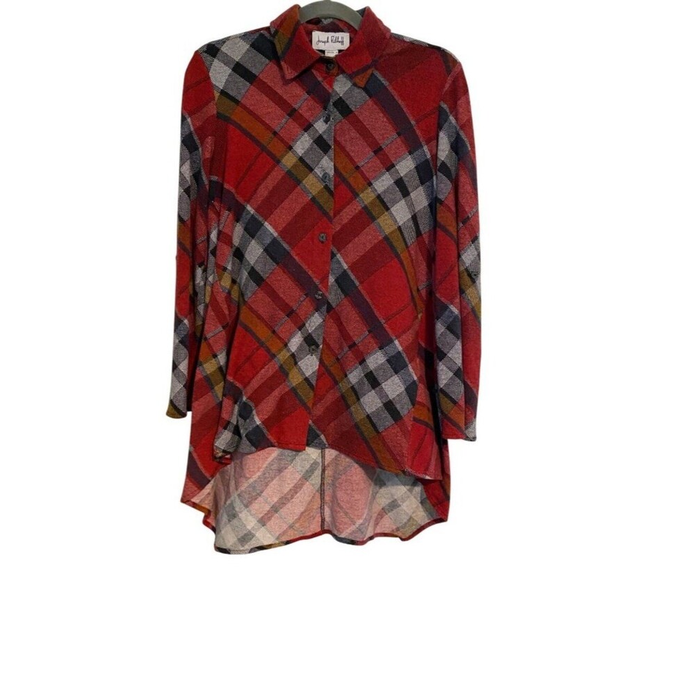 Joseph Ribkoff Women’s 8 Red Button Up Shirt Plaid High-Low Hem Lagenlook Preppy